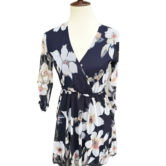Lush Womens Navy Cream Floral Mesh Surplice Mini Dress Size S - Picture 12 of 12
